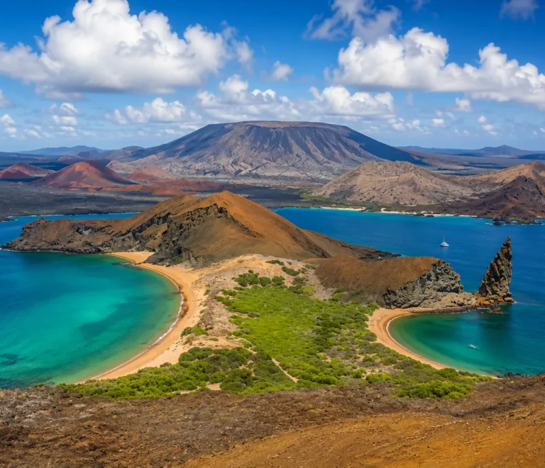 Panoramic view of Bartolome Island in the Galapagos with volcanic landscapes and turquoise bays