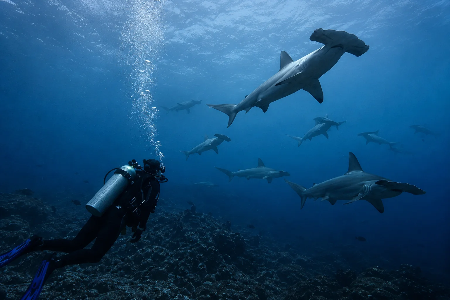 Hammerhead sharks encountered while diving in Galapagos