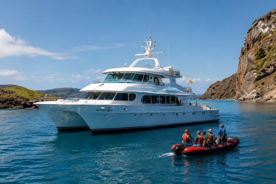Galapagos expedition cruise yacht navigating near volcanic islands