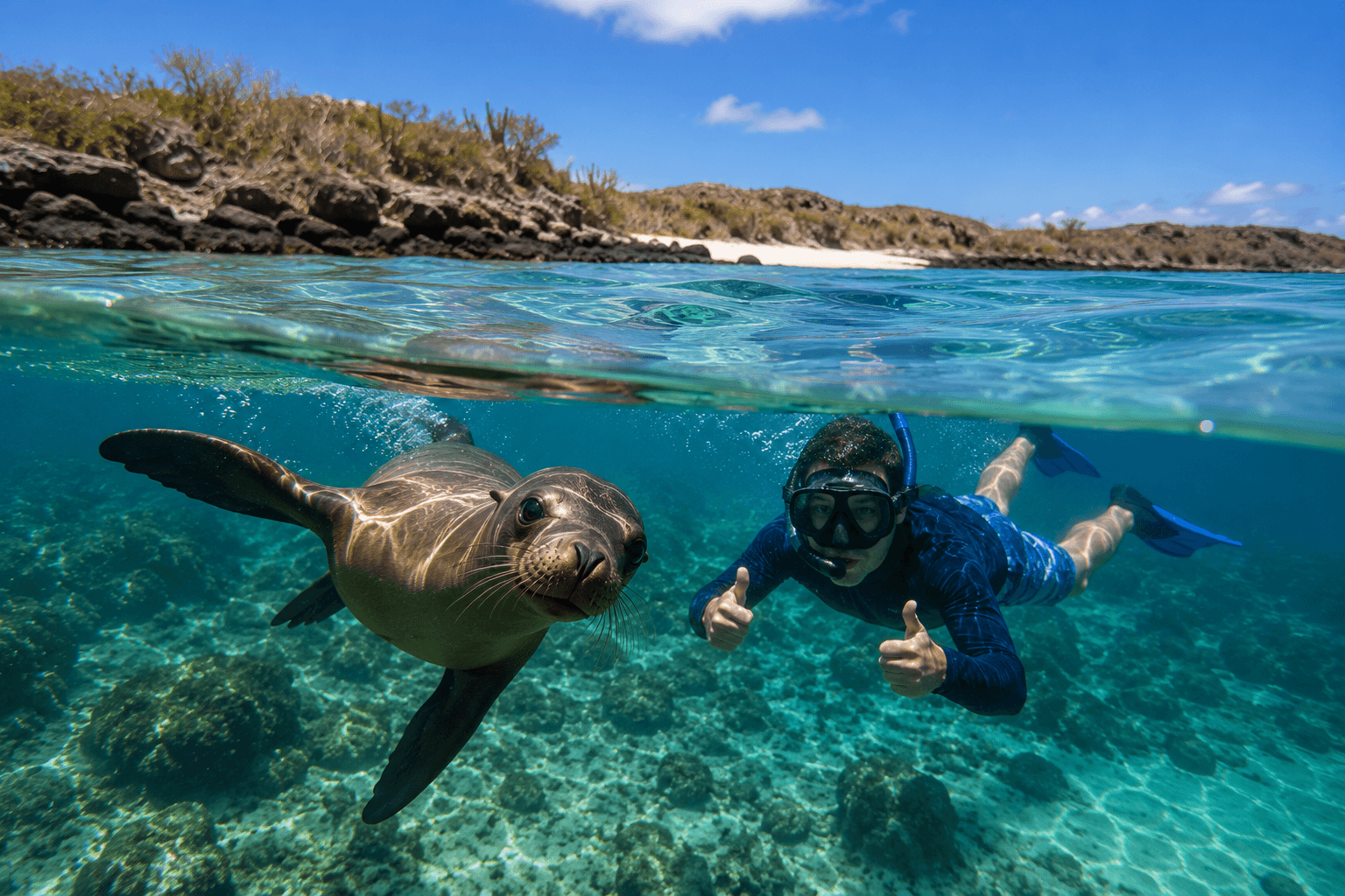 Snorkeling with sea lions at Santa Fe Island