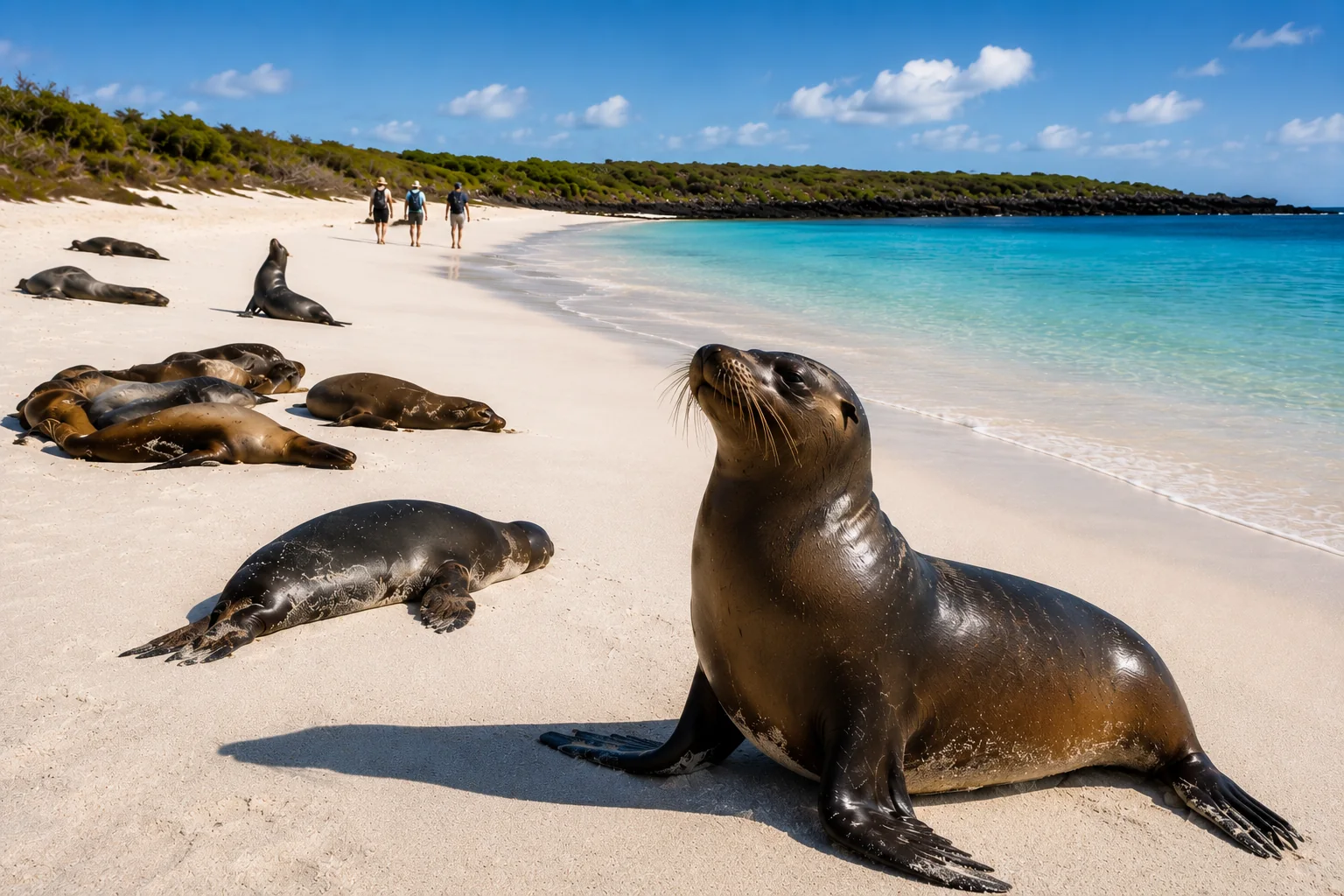 Galapagos sea lions resting on a beach