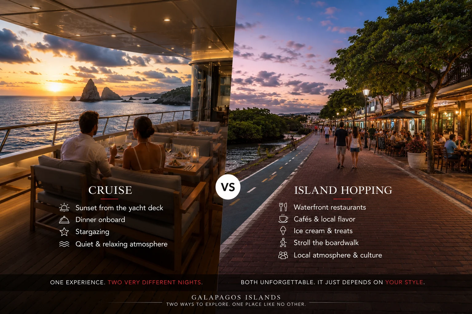 Comparison between an evening aboard a Galapagos cruise and an evening during an island hopping trip