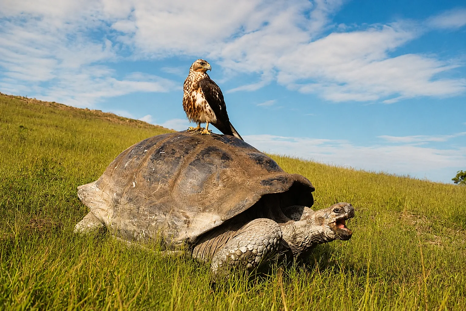 Galapagos hawk standing on a giant tortoise shell