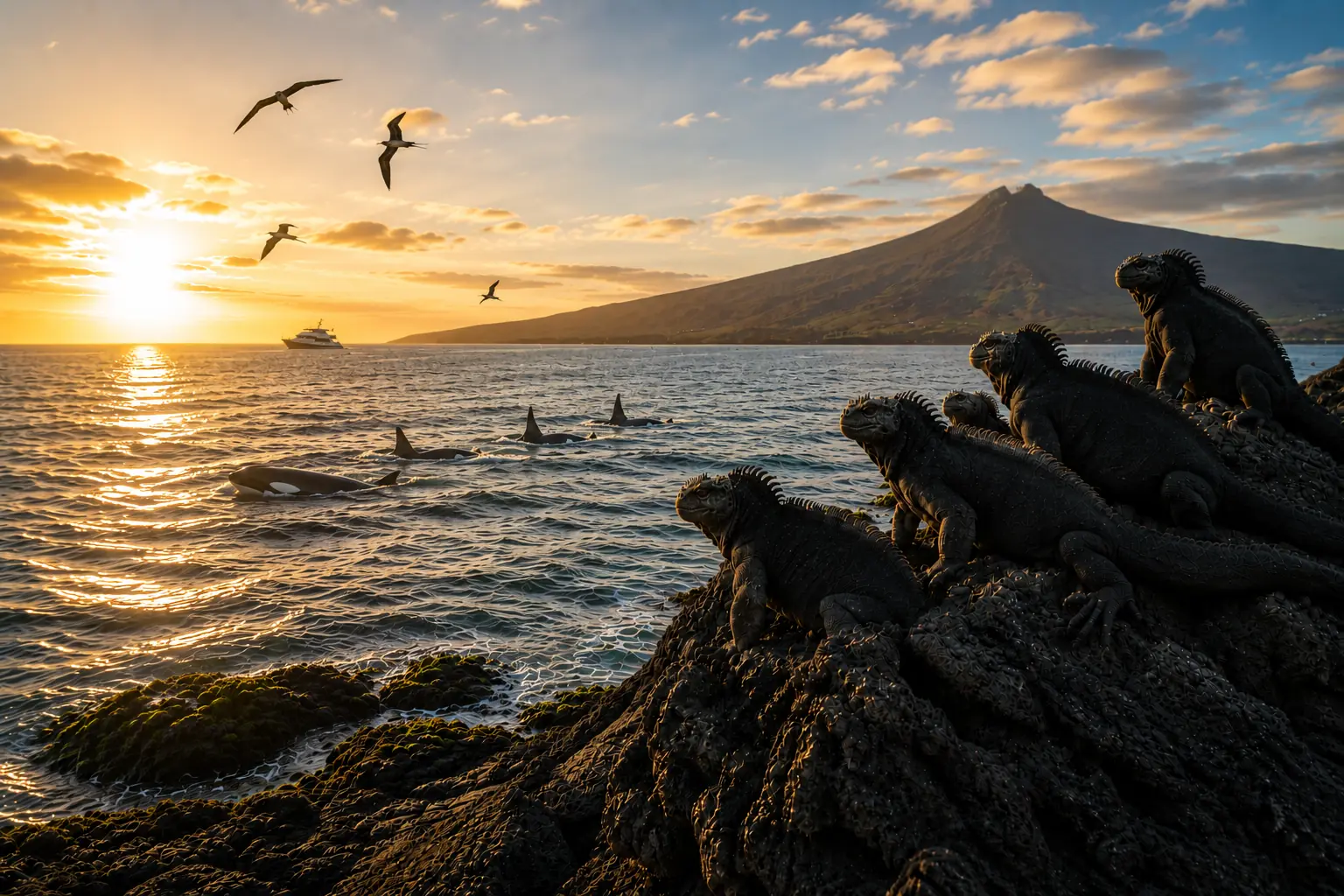 Marine iguanas and orcas in the Galapagos Islands at sunset