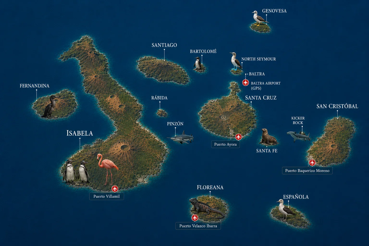 Illustrated map of the Galapagos Islands with wildlife and island names