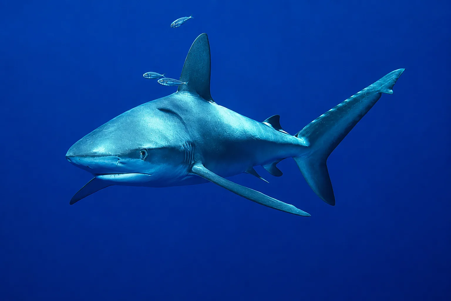 Galapagos shark swimming in deep blue water