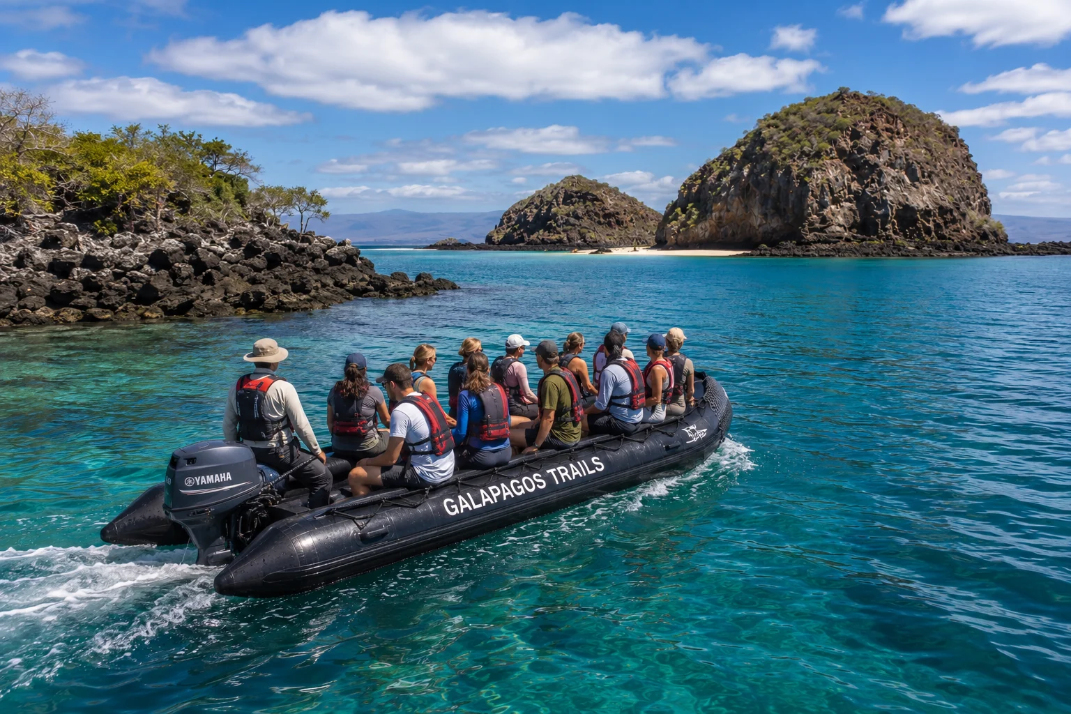Travelers exploring the Galapagos Islands by Zodiac during an island hopping tour