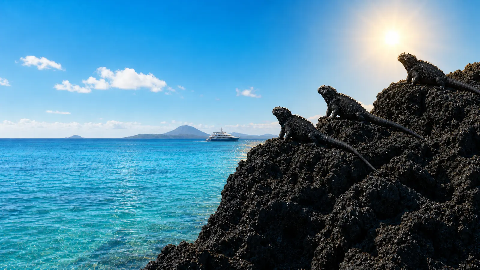 Three black Galapagos marine iguanas resting on volcanic rocks beside a turquoise ocean at sunrise
