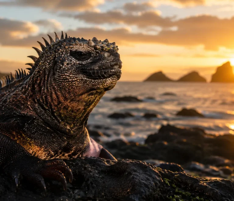 Marine iguana at sunset in the Galapagos Islands