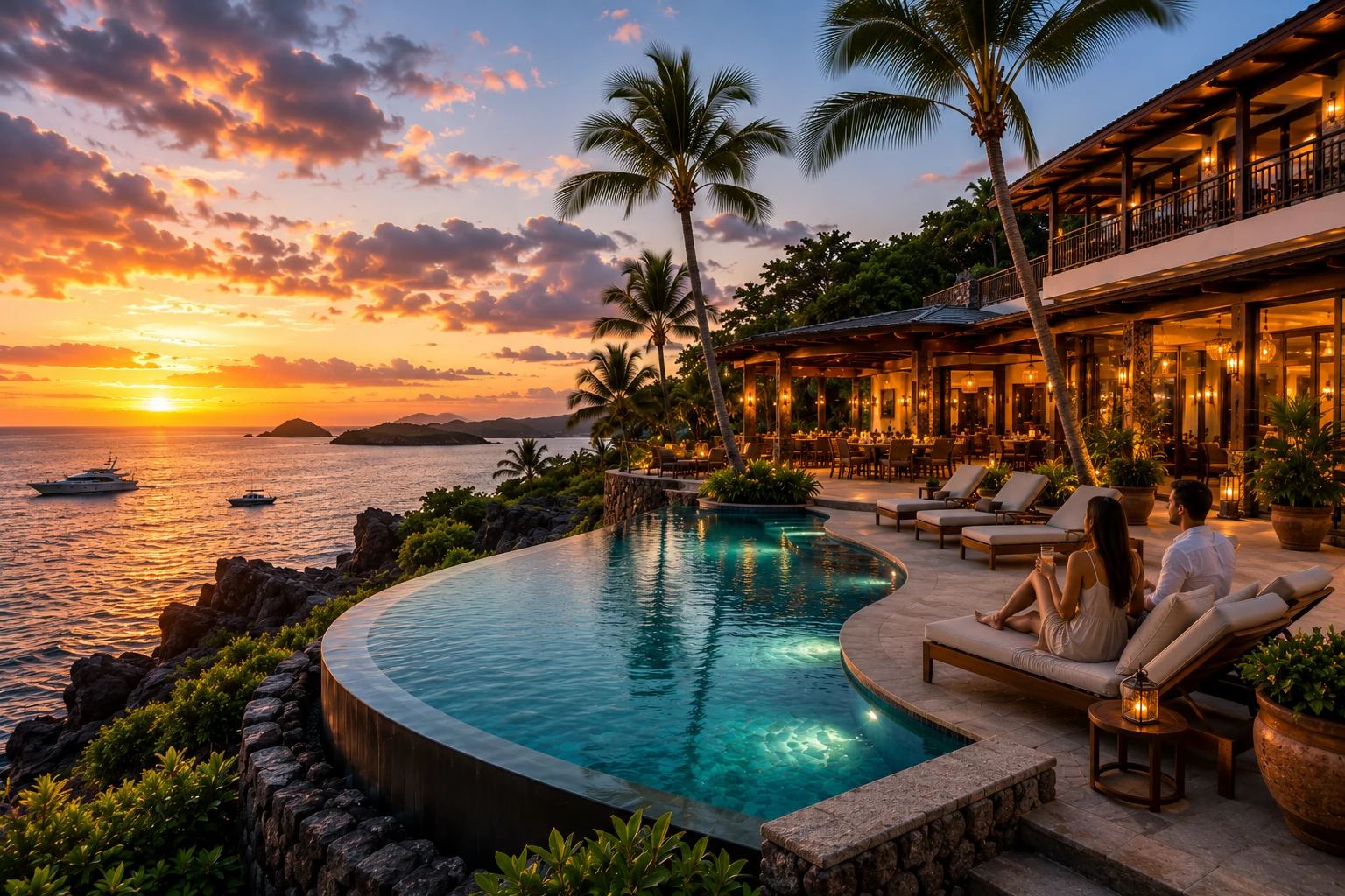 Luxury oceanfront hotel in Galapagos with an infinity pool at sunset