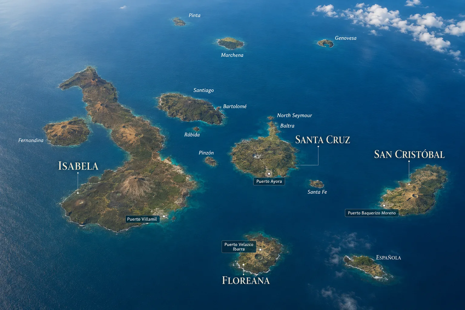 AI-generated aerial illustration of Isabela and nearby Galapagos Islands