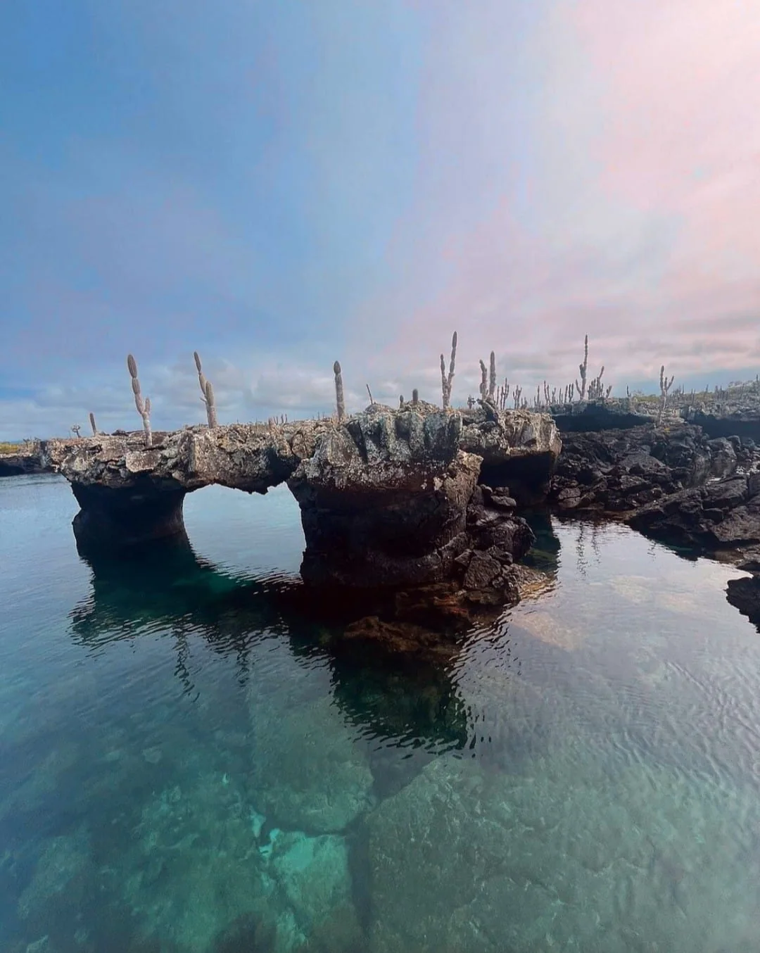 Natural lava arches and clear water at Los Tuneles on Isabela Island