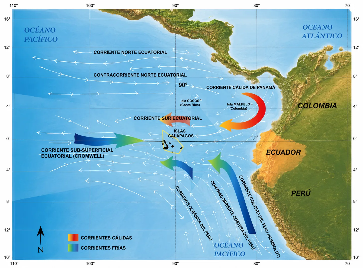 Map showing the Humboldt, Cromwell and Panama ocean currents around the Galapagos Islands