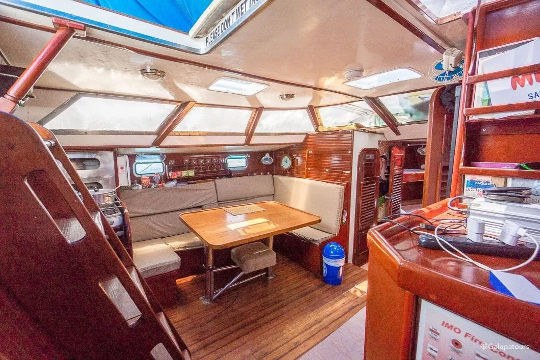 Interior social area aboard the sailboat
