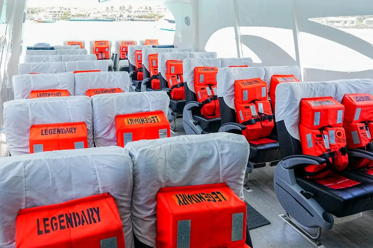Interior seating and luggage area on a Galapagos ferry