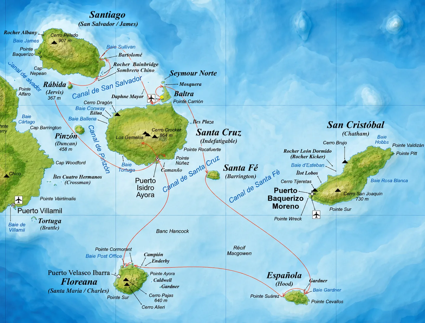 Map of Itinerary B through the eastern and northern Galapagos islands
