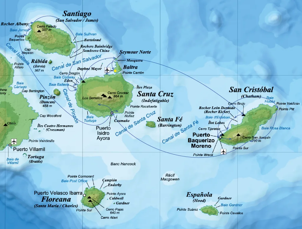 Map of Itinerary A through the southern and central Galapagos islands