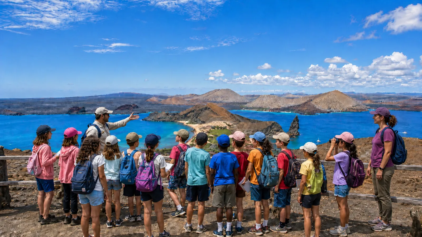 Students, teacher and naturalist guide learning in Galapagos
