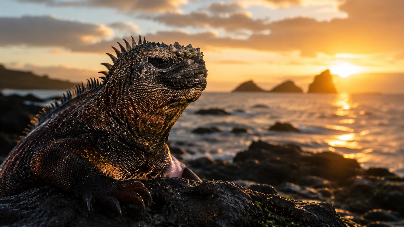 Marine iguana at sunset in Galapagos