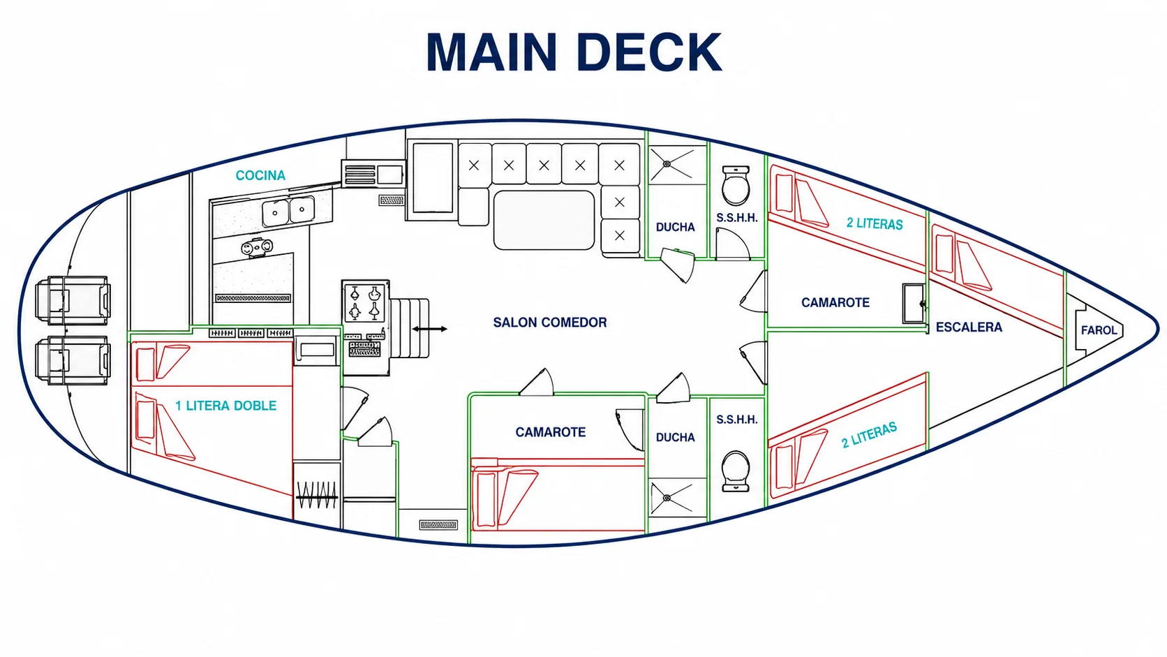 Main deck plan of the private sailboat