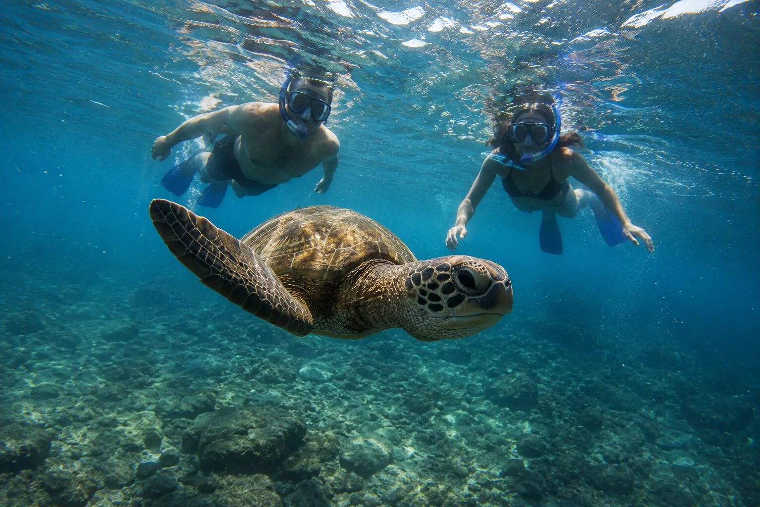 Snorkeling with a sea turtle in Galapagos