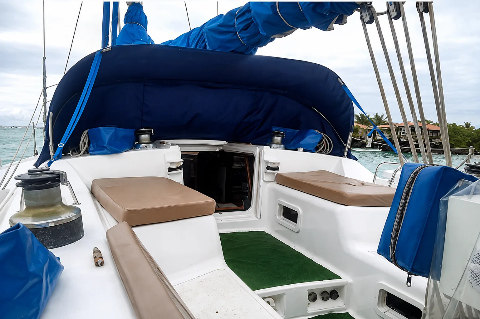 Exterior cabin area aboard the sailboat