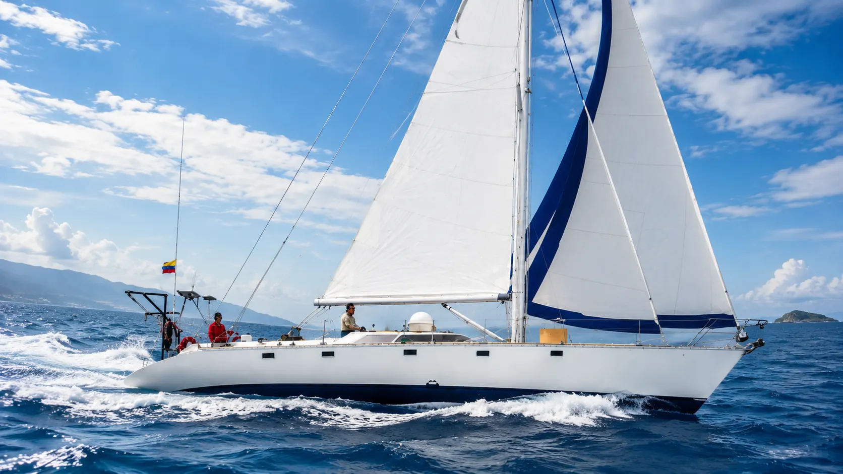 Private 15-meter sailing yacht navigating in Galapagos